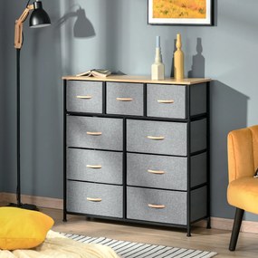 HOMCOM Comodă 9 sertare mobilier de depozitare sertar din material textil pliabil - structură oțel negru - 100 x 30 x 100 cm, stejar și gri | Aosom Romania
