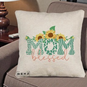 Cadou pentru Mama - Perna Personalizata Mom Blessed cu Floarea Soarelui Animal Print Teal, 40x40 cm, Bej Canapea, Husa Detasabila, Perna Inclusa, BEKZ®