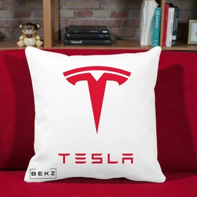 Perna Personalizata cu emblema Tesla, 40x40 cm, Alba Mata, Husa Detasabila, Perna Inclusa, BEKZ®