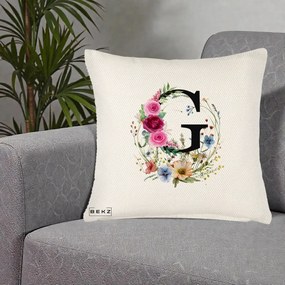 Cadou Personalizat - Perna Personalizata Monogram Litera G cu Flori Acuarela, 40x40 cm, Crem Reliefat, Husa Detasabila, Perna Inclusa, BEKZ®