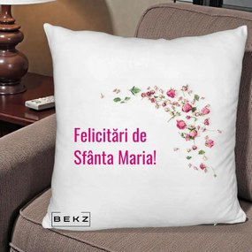 Cadou de Onomastica - Perna Personalizata Felicitari de Sfanta Maria, 40x40 cm, Alb Pufos, Husa Detasabila, Perna Inclusa, BEKZ®