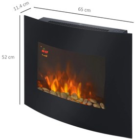 HOMCOM Șemineu Electric de Perete 900/1800W Încălzire cu Efect de Flacără 3D Reglabil, Șemineu Electric cu Lumină LED în 7 Culori, Telecomandă, Temporizator și Termostat, 30 m², Negru | Aosom Romania