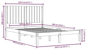 Cadru de pat, alb, 140x190 cm, lemn masiv de pin Alb, 140 x 190 cm