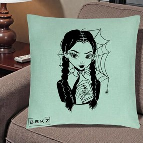 Perna Personalizata Wednesday cu Panza de Paianjen, 40x40 cm, Verde Menta, Husa Detasabila, Perna Inclusa, BEKZ®