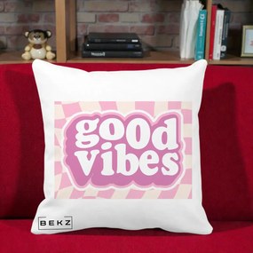 Perna Decorativa Good Vibes Retro Roz, 40x40 cm, Alba Mata, Husa Detasabila, Perna Inclusa, BEKZ®