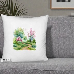 Perna Decorativa Gradina Primavara Acuarela, 40x40 cm, Alb Pufos, Husa Detasabila, Perna Inclusa, BEKZ®