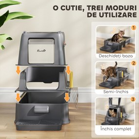 PawHut Litieră Închisă de 80L pentru Pisici cu Tavă Detașabilă, în ABS și Oțel Inoxidabil, 63x43x43 cm, Gri Închis | Aosom Romania