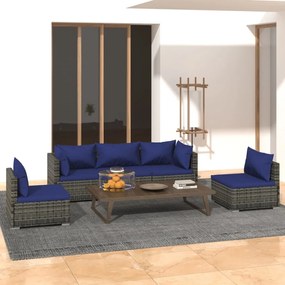 Set mobilier de gradina cu perne, 5 piese, gri, poliratan gri si bleumarin, 2x colt + 3x mijloc, 1