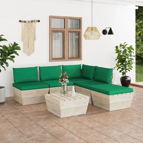Set mobilier gradina din paleti cu perne, 6 piese, lemn molid Verde, colt + 3x mijloc + masa + suport pentru picioare, 1