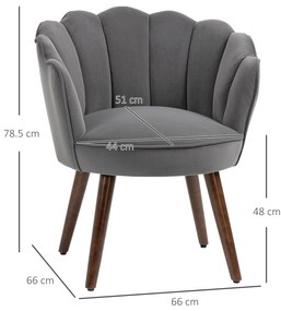 Fotoliu captusit HOMCOM cu spatar tip scoica si picioare din lemn, 66x66x78.5cm, Gri inchis | Aosom Romania