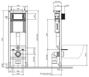 Set vas wc rimless suspendat, asimetric, cu capac softclose, Foglia Oslo, rezervor incastrat si clapeta aurie Cersanit Block