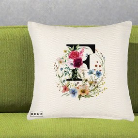 Cadou Personalizat - Perna Personalizata Monogram Litera F cu Flori Acuarela, 40x40 cm, Crem Reliefat, Husa Detasabila, Perna Inclusa, BEKZ®