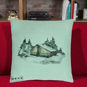 Perna Decorativa Cabana de Iarna in Padure, 40x40 cm, Verde Menta, Husa Detasabila, Perna Inclusa, BEKZ®