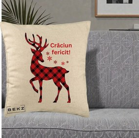 Perna Decorativa Ren Tartan Craciun Fericit, 40x40 cm, Bej, Husa Detasabila, Perna Inclusa, BEKZ®