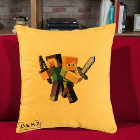 Perna Personalizata Minecraft Steve si Alex, 40x40 cm, Galben, Husa Detasabila, Perna Inclusa, BEKZ®