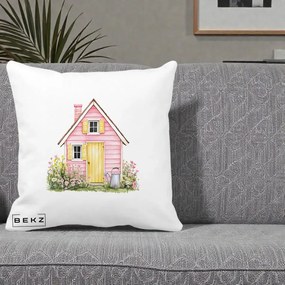 Perna Decorativa Casuta Roz Acuarela cu Gradina, 40x40 cm, Alba Mata, Husa Detasabila, Perna Inclusa, BEKZ®