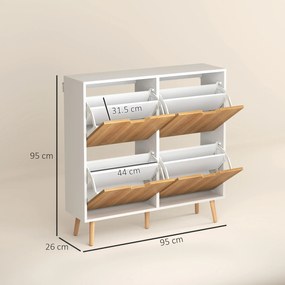 HOMCOM Dulap pentru pantofi 4 uși rabatabile 16 perechi cu etajeră reglabilă picioare din lemn de pin 95 x 26 x 95 cm natural | Aosom Romania