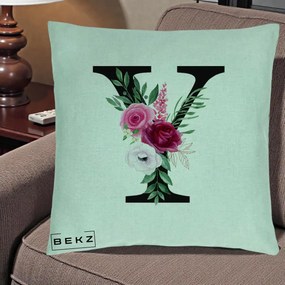 Cadou Personalizat - Perna Personalizata Monograma Florala Litera Y cu Buchet, 40x40 cm, Verde Menta, Husa Detasabila, Perna Inclusa, BEKZ®
