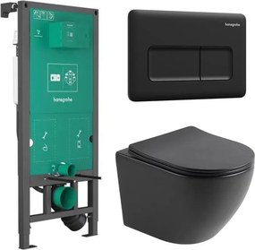 Set rezervor WC cu cadru incastrat Hansgrohe iFrame 112 cm si clapeta de actionare iFrame Original Q negru mat plus vas WC Rune Ivaldi cu capac softclose