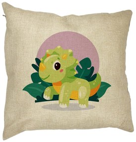 Perna Decorativa Patrata Baby Dinozaur Verde cu Peisaj, 40x40 cm, Husa Detasabila, Burduf