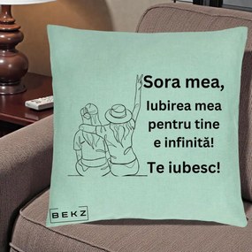 Cadou pentru Sora - Perna Personalizata Sora Mea Te Iubesc Line Art Portrete Colorate, 40x40 cm, Verde Menta, Husa Detasabila, Perna Inclusa, BEKZ®