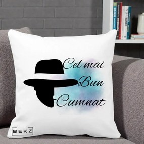Cadou pentru Cumnat - Perna Personalizata Cel mai Bun Cumnat cu Silueta Palarie si Pete Teal-Roz, 40x40 cm, Alba Mata, Husa Detasabila, Perna Inclusa, BEKZ®