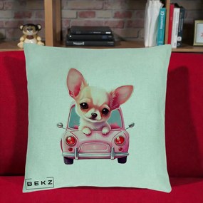 Perna Decorativa Chihuahua Roz in Masinuta, 40x40 cm, Verde Menta, Husa Detasabila, Perna Inclusa, BEKZ®
