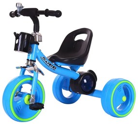 Tricicleta cu pedale, Muzica si lumini, Albastru, Buton On/Off, Claxon