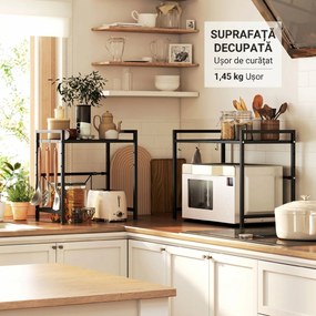HOMCOM Suport extensibil pentru cuptor cu microunde pe 2 niveluri cu 3 cârlige, din metal, negru | Aosom Romania