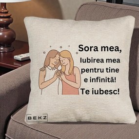 Cadou pentru Sora - Perna Personalizata Sora Mea Te Iubesc Imbratisare cu Sclipiri, 40x40 cm, Bej Canapea, Husa Detasabila, Perna Inclusa, BEKZ®