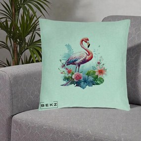 Perna Decorativa Flamingo cu Flori Tropicale Acuarela, 40x40 cm, Verde Menta, Husa Detasabila, Perna Inclusa, BEKZ®