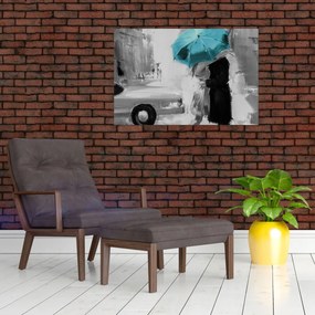 Tablou - Cuplu în dragoste cu umbrelă, albastru (90x60 cm)