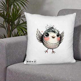 Perna Decorativa Pasare Gri cu Aripi si Inimioare, 40x40 cm, Alb Pufos, Husa Detasabila, Perna Inclusa, BEKZ®