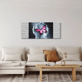 Tablou - Fluture roz în perete (120x50 cm)