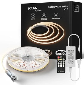 Kit Bandă LED COB cu Telecomandă – 5 m, Lumină Caldă 3000 K, 14 W/m, 24 V, Transformator 72 W 💡