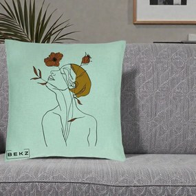 Perna Decorativa Portret Feminin Mac Privire Inalta, 40x40 cm, Verde Menta, Husa Detasabila, Perna Inclusa, BEKZ®