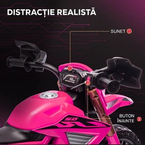 AIYAPLAY Moto cross electrică pentru copii 3-8 ani, baterie 6 V, 2 motoare, claxon și roți de antrenament, încărcare 30KG, roz | Aosom Romania