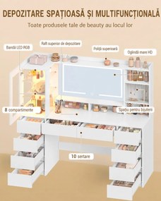 Masuta de machiaj 140 cm, cu Oglinda LED si 10 Sertare pentru Cosmetice, Set Masa toaleta Alba, masuta cosmetica, vanity cu dulapior si rafturi -