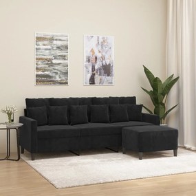 Canapea cu 3 locuri si taburet, negru, 180 cm, catifea Negru, 198 x 77 x 80 cm