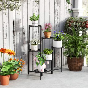 Outsunny Suport pentru plante 6 nivele etajeră plante ajustabil și pliabil din metal design fără șuruburi negru 60 x 40 x 80 cm | Aosom Romania