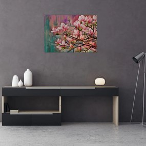 Tablou pe sticlă - Pictură în ulei, Sakura în floare (70x50 cm)