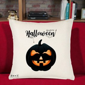 Perna Decorativa Happy Halloween Dovleac Negru cu Paianjen, 40x40 cm, Crem Reliefat, Husa Detasabila, Perna Inclusa, BEKZ®