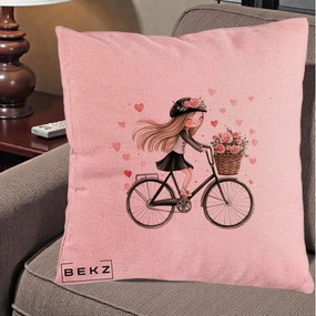 Perna Decorativa Fetita Kawaii pe Bicicleta cu Trandafiri si Inimioare, 40x40 cm, Roz, Husa Detasabila, Perna Inclusa, BEKZ®