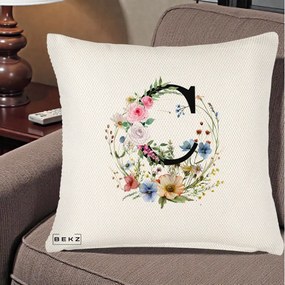 Cadou Personalizat - Perna Personalizata Monogram Litera C cu Flori Acuarela, 40x40 cm, Crem Reliefat, Husa Detasabila, Perna Inclusa, BEKZ®