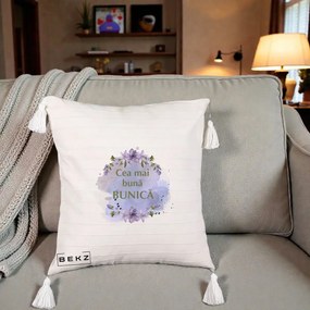 Cadou pentru Bunica - Perna Personalizata Cea Mai Buna Bunica Flori Mov Acuarela Auriu, 40x40 cm, Bej cu Franjuri, Husa Detasabila, Perna Inclusa, BEKZ®