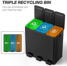 HOMCOM Coș de Gunoi cu 3 Secțiuni de 20L cu Pedală și 2 Capace cu Închidere Silențioasă, Coș de Gunoi din Oțel Inoxidabil și PP, 61.9x36.6x56.7 cm, Negru | Aosom Romania