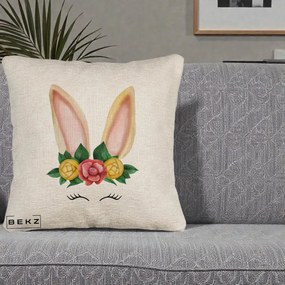 Perna Decorativa Iepuras Flori Urechi Pastelui, 40x40 cm, Bej Canapea, Husa Detasabila, Perna Inclusa, BEKZ®