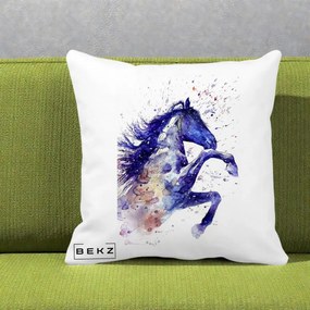 Perna Decorativa Cal Albastru Acuarela, 40x40 cm, Alba Mata, Husa Detasabila, Perna Inclusa, BEKZ®