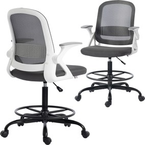 HOMCOM Scaun de birou din plasă Scaun de desen cu cotieră rabatabilă Înălțime reglabilă Suport pentru picioare Gri | Aosom Romania