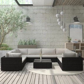 vidaXL Set mobilier de grădină cu perne, 9 piese, negru, poliratan